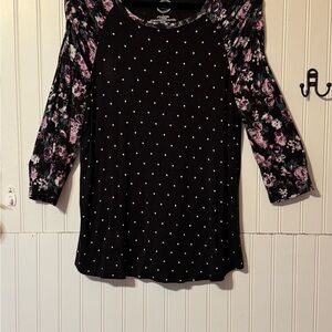 Maurices Black Polka Dot Top with Floral Sleeves Sz lg